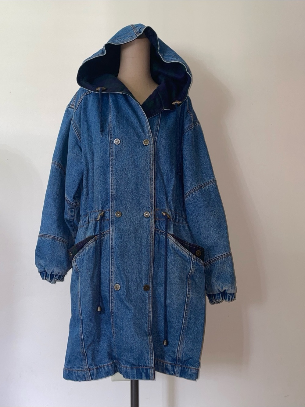 VNTGE heavy-Hooded Denim Parka Jacket - Blue-lined-warm
